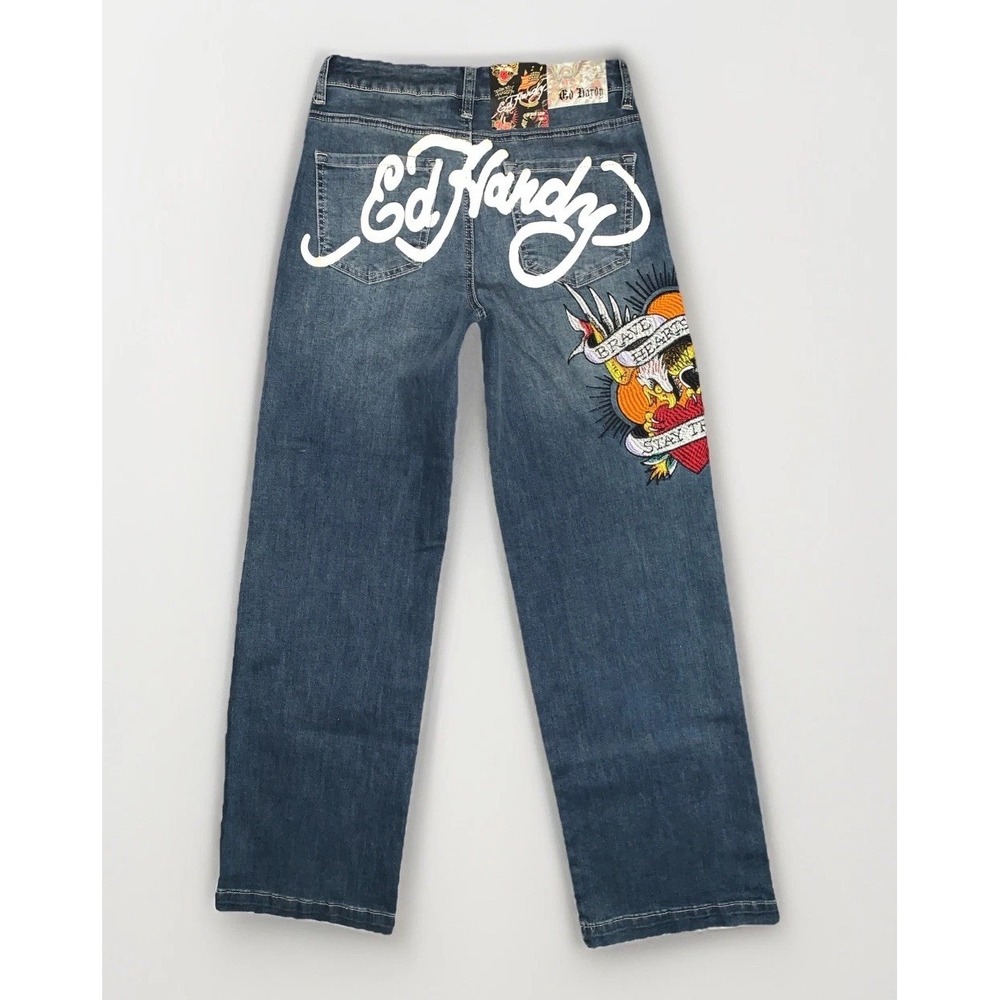 Ed Hardy Wide Leg Jeans Women's 28 Brave Hearts Stay True Eagle Med Vintage Wash